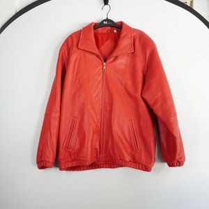 VTG Preston & York Red Leather Jacket Women's L‎ Lambskin Full Zip Bomber Coat